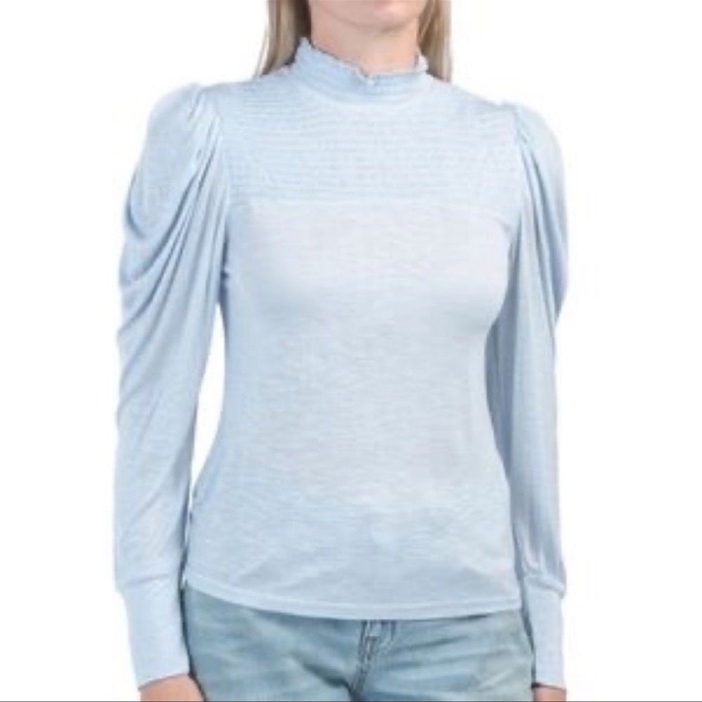 7 For All Mankind Smocked Long Sleeve Mock Neck Shirt in Blue Size Small